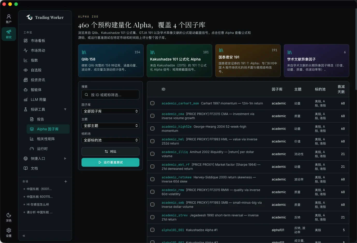 Alpha Zoo 因子库 · 暗色界面